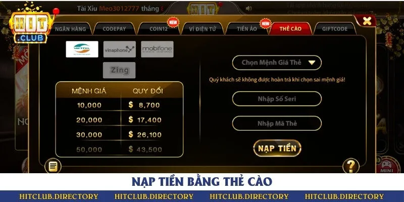 Thực hiện nạp tiền bằng thẻ cào đảm bảo tỷ lệ an toàn tuyệt đối